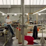 Porträt eines jungen Mannes in den Produktionshallen eines nachhaltigen Textilunternehmens, umgeben von Nähmaschinen, Stoffen und Arbeitsplätzen.